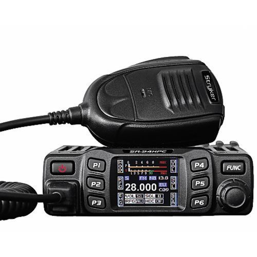 Strykerradios SR-94HPC slimmest radio with microphone on placed on top of it.