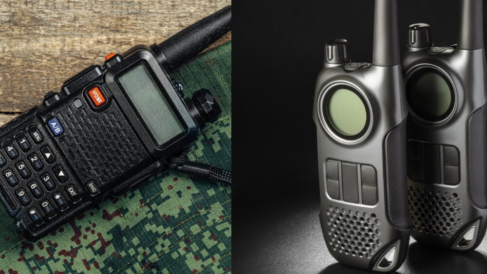 picture of a handheld ham radio and a pair of walkie talkies