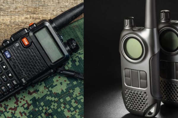 picture of a handheld ham radio and a pair of walkie talkies