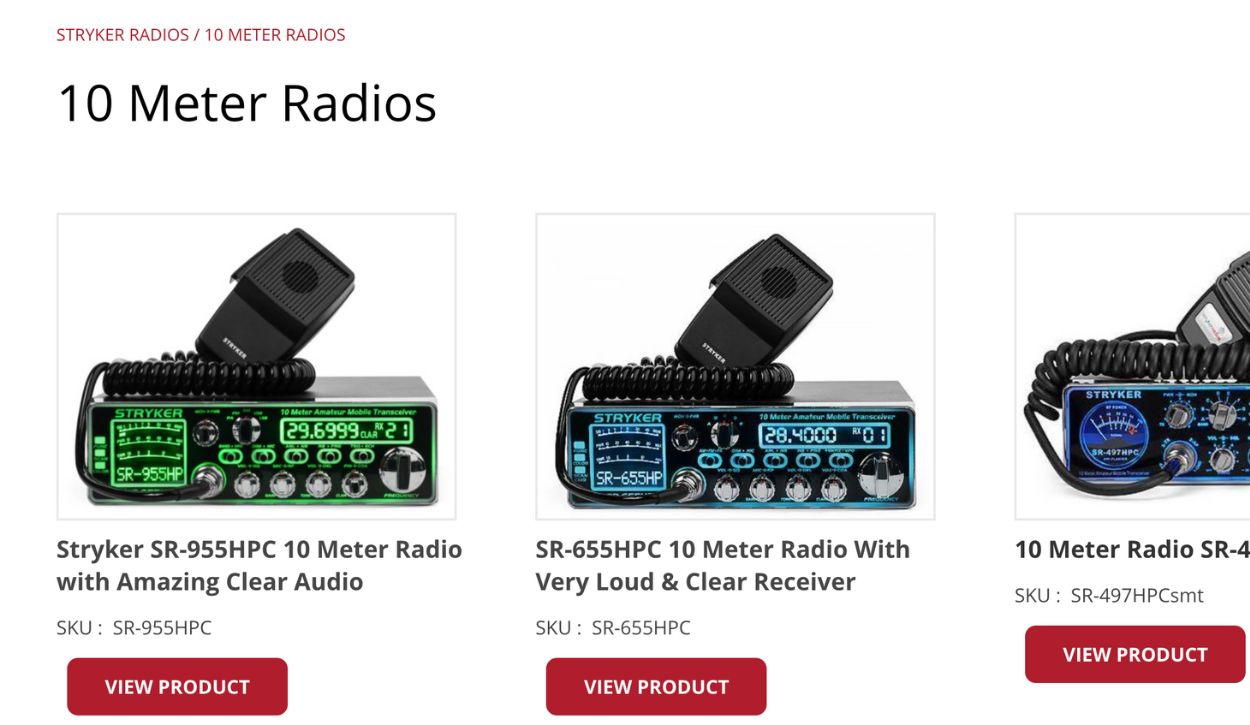 Three mobile 10-meter radio models from Stryker Radios