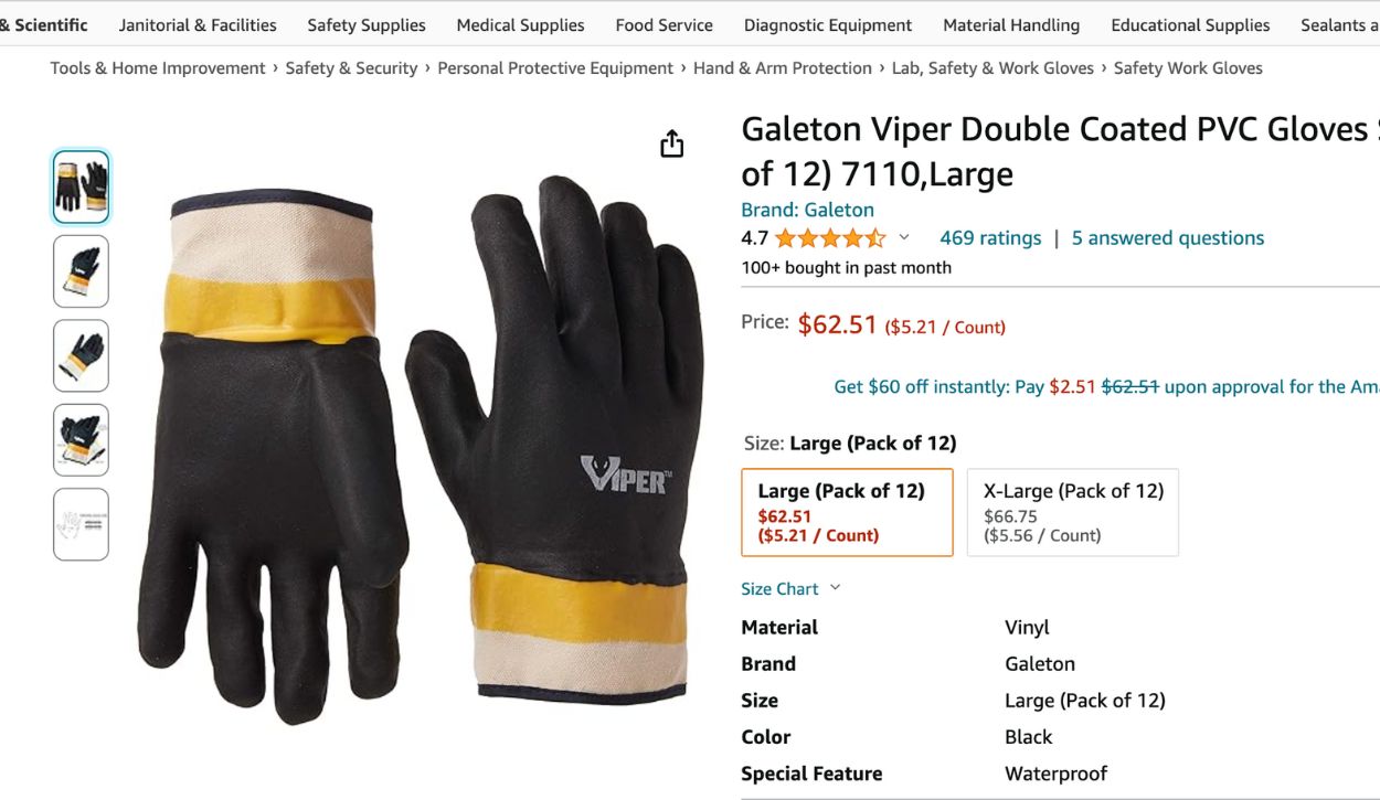 Pack of twelve large Galeton Viper gloves sold by Amazon