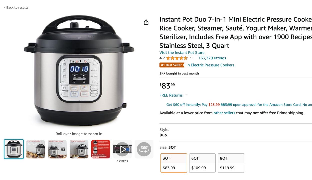 3-Quart Instant Pot Duo sold by Amazon