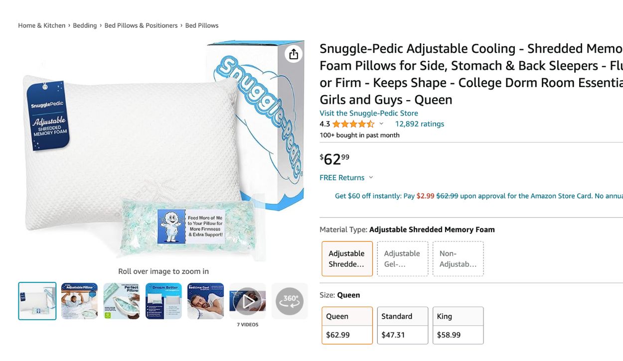 Shredded Memory Foam Pillow from SnugglePedic, sold on Amazon