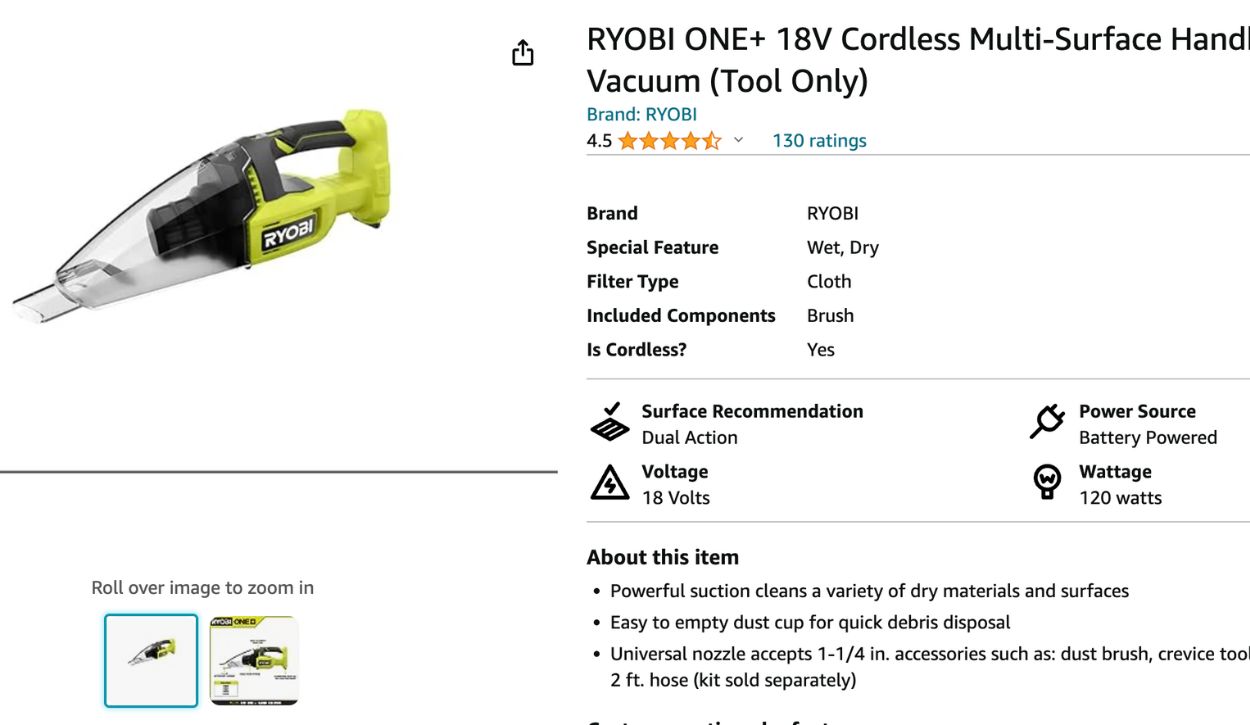 18-volt Ryobi handheld vacuum cleaner sold on Amazon