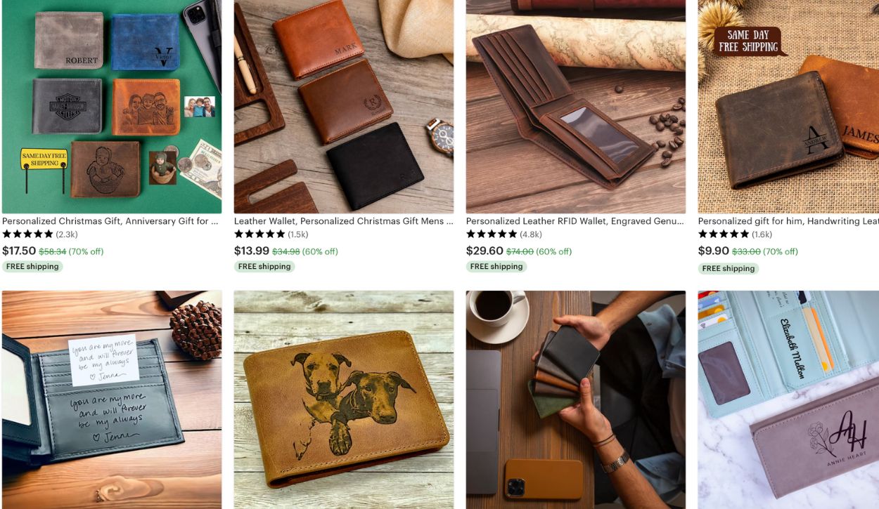 Snapshot of personalized wallets on Etsy