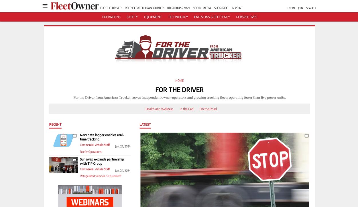 Screenshot of the For the Driver from American Trucker page on Fleet Owner’s website