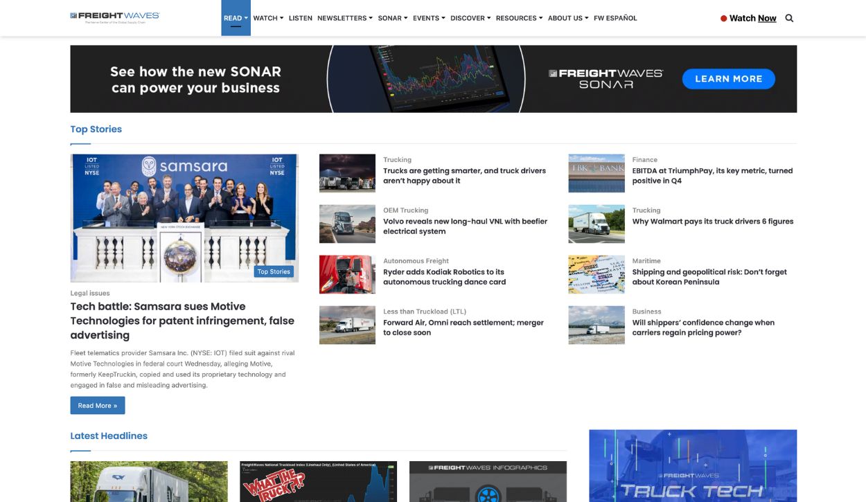 Screenshot of the FreightWaves homepage