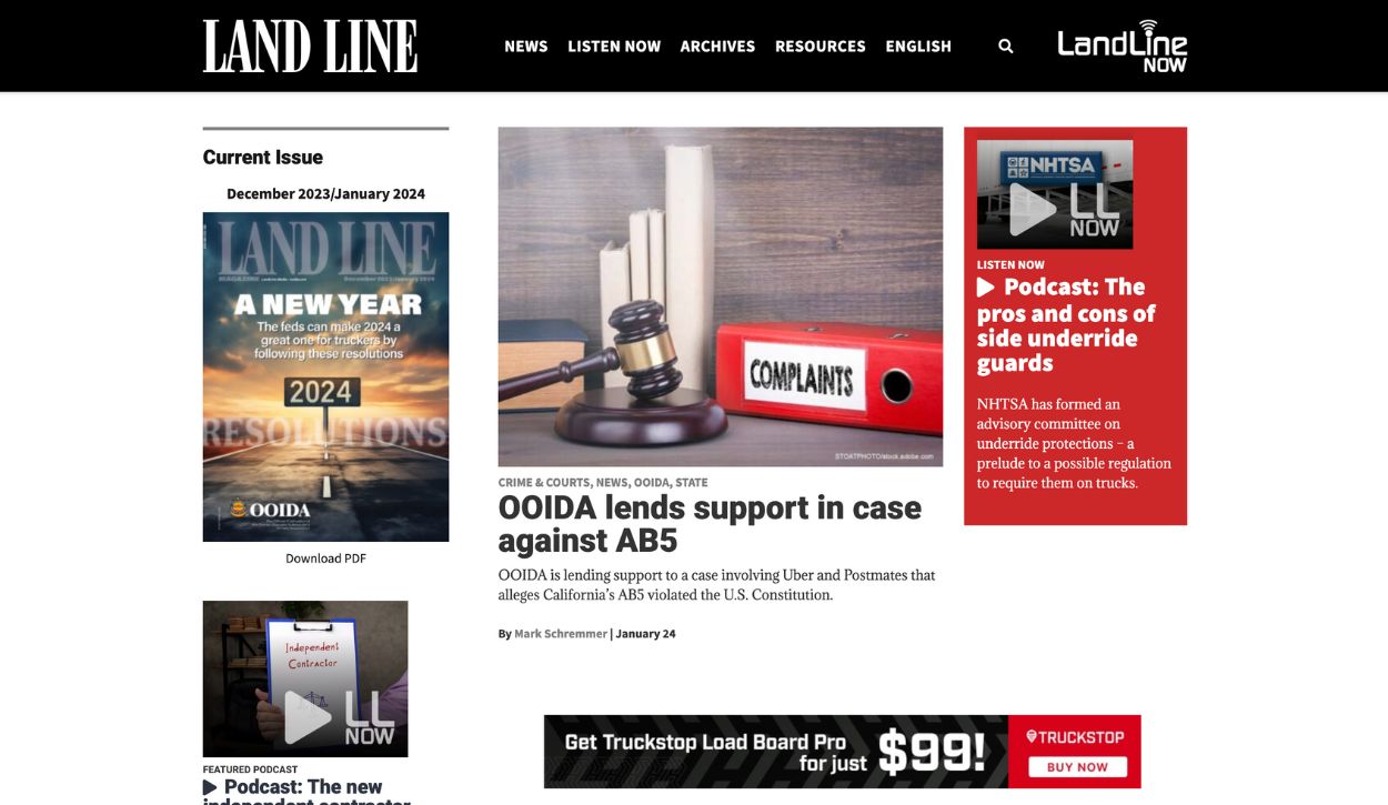 Screenshot of the Land Line magazine homepage