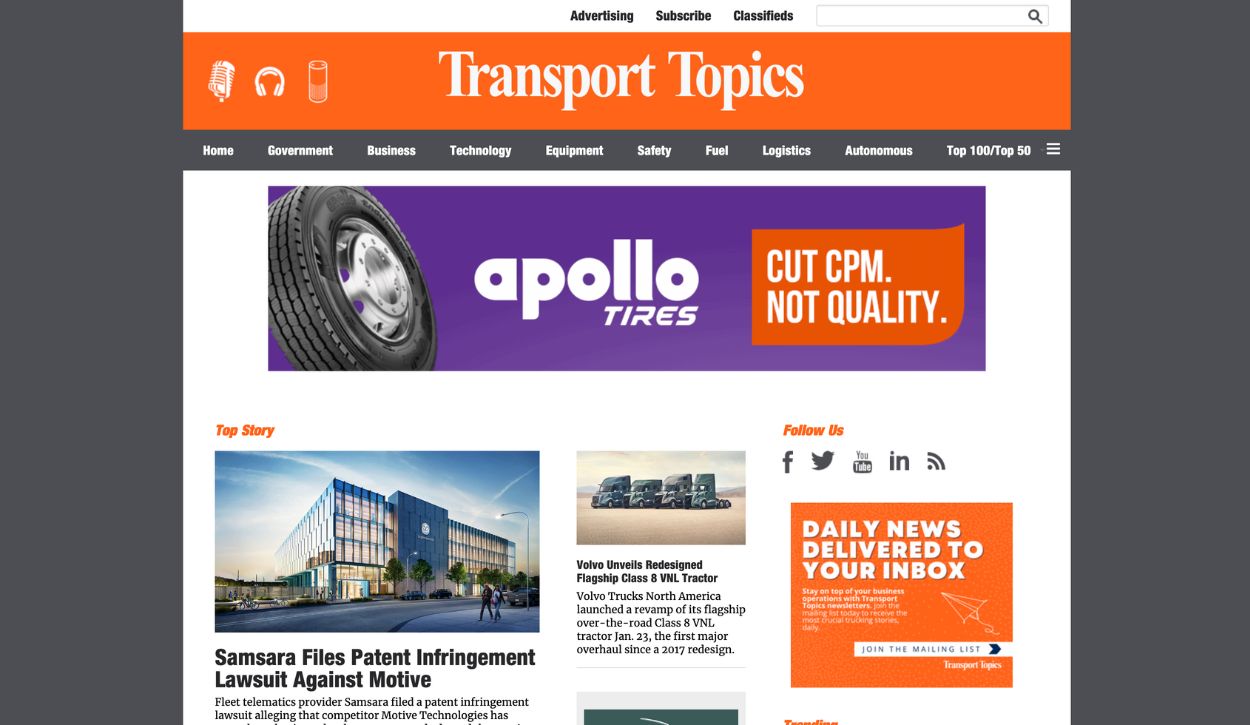 Screenshot of the Transport Topics homepage
