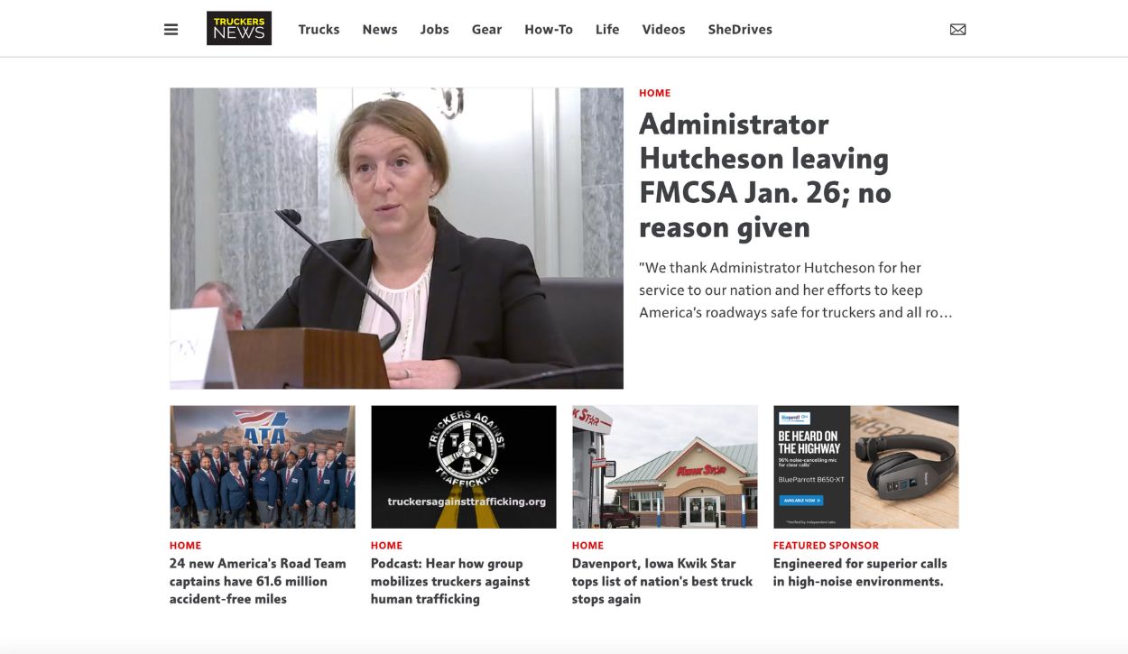 Screenshot of the Truckers News homepage