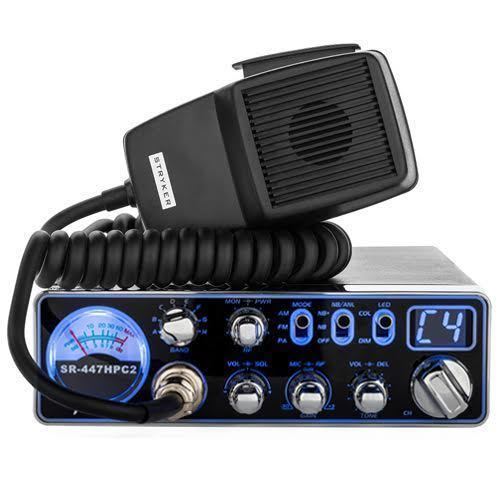 Strykerradios 447HPC2 in the 7 color display with build-in Analog SWR meter and microphone placed on top of the radio.